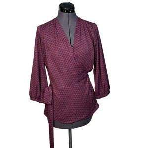 Allison Joy Wrap Top Blouse 3/4-Sleeve Chiffon Maroon Sz. XS